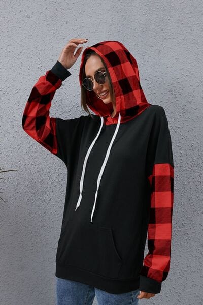 Light Slate Gray Plaid Drawstring Dropped Shoulder Hoodie