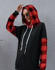 Light Slate Gray Plaid Drawstring Dropped Shoulder Hoodie