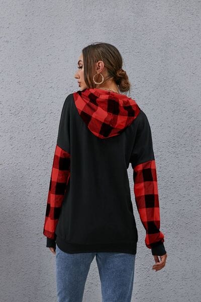 Dark Gray Plaid Drawstring Dropped Shoulder Hoodie