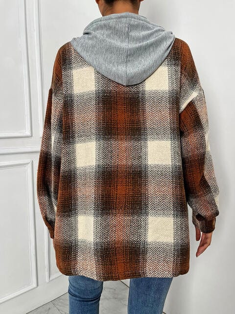 Light Gray Plaid Drawstring Hooded Jacket