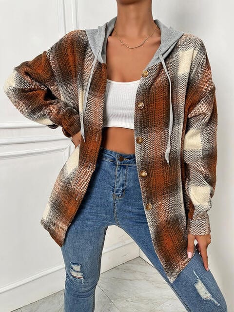 Light Gray Plaid Drawstring Hooded Jacket