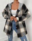 Gray Plaid Drawstring Hooded Jacket