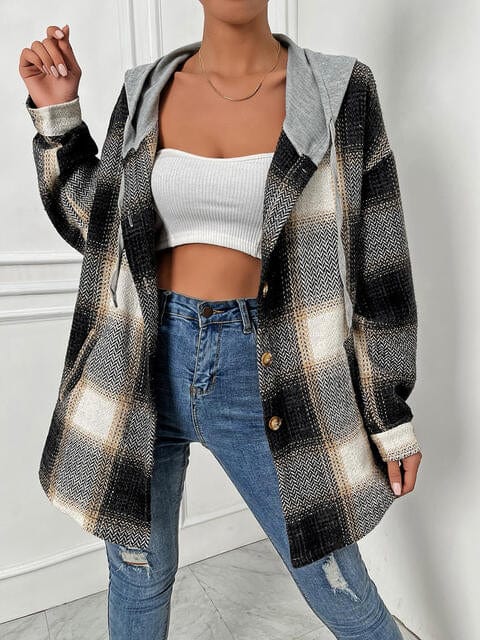 Gray Plaid Drawstring Hooded Jacket