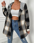 Gray Plaid Drawstring Hooded Jacket