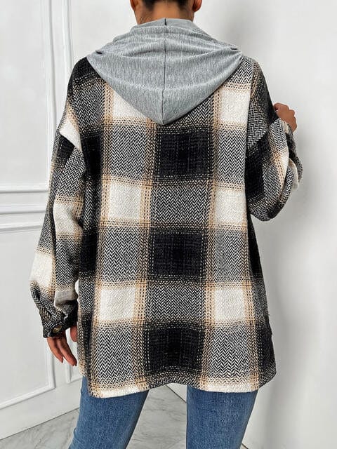 Gray Plaid Drawstring Hooded Jacket