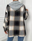 Gray Plaid Drawstring Hooded Jacket