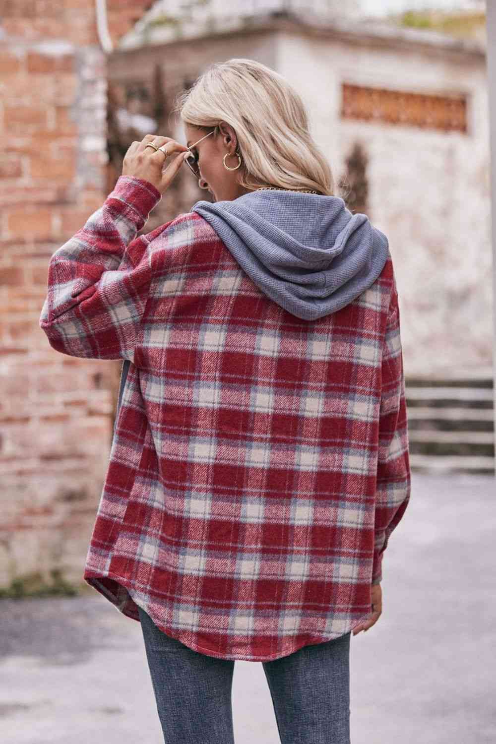 Rosy Brown Plaid Dropped Shoulder Hooded Longline Jacket