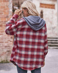 Rosy Brown Plaid Dropped Shoulder Hooded Longline Jacket