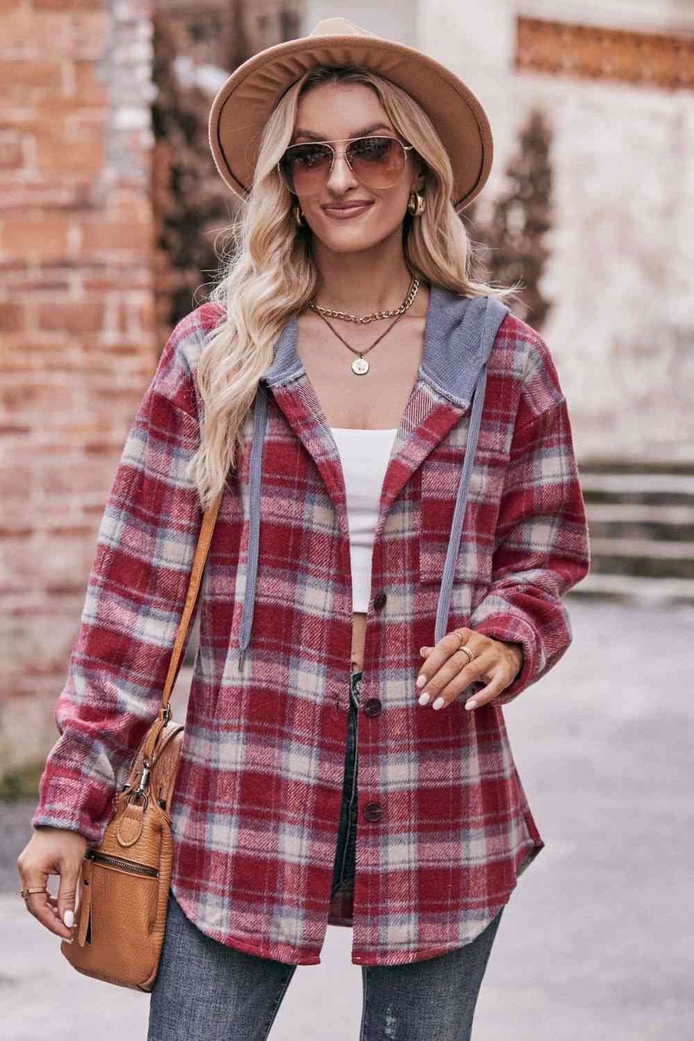 Rosy Brown Plaid Dropped Shoulder Hooded Longline Jacket