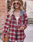 Rosy Brown Plaid Dropped Shoulder Hooded Longline Jacket