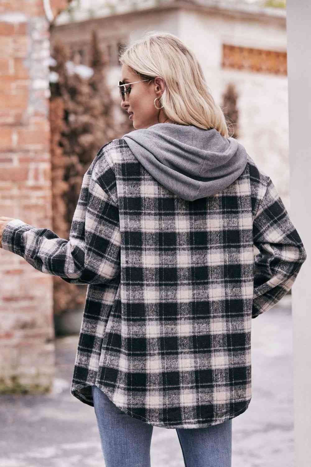 Gray Plaid Dropped Shoulder Hooded Longline Jacket