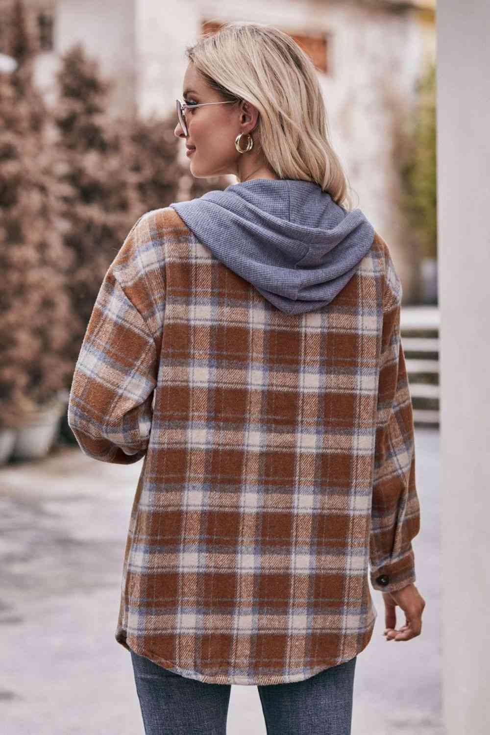 Dark Gray Plaid Dropped Shoulder Hooded Longline Jacket