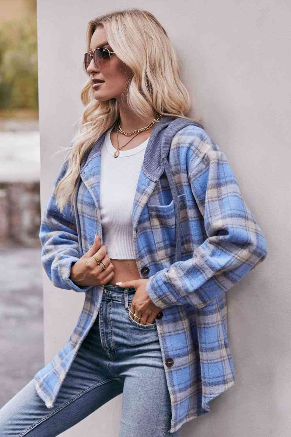 Gray Plaid Dropped Shoulder Hooded Longline Jacket