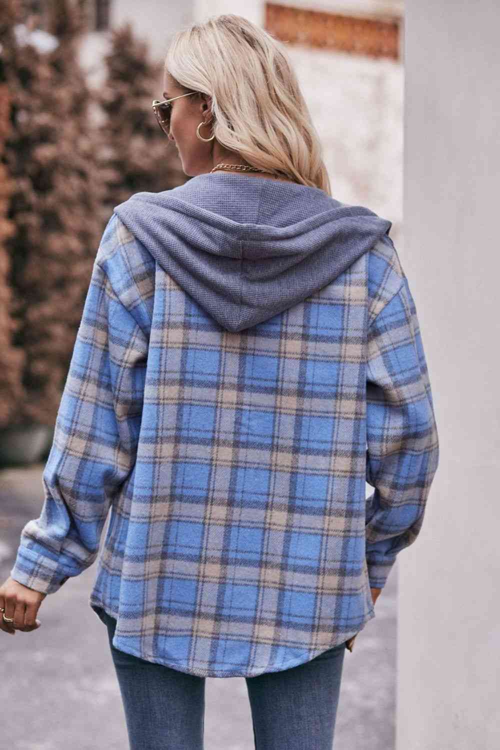 Dark Gray Plaid Dropped Shoulder Hooded Longline Jacket