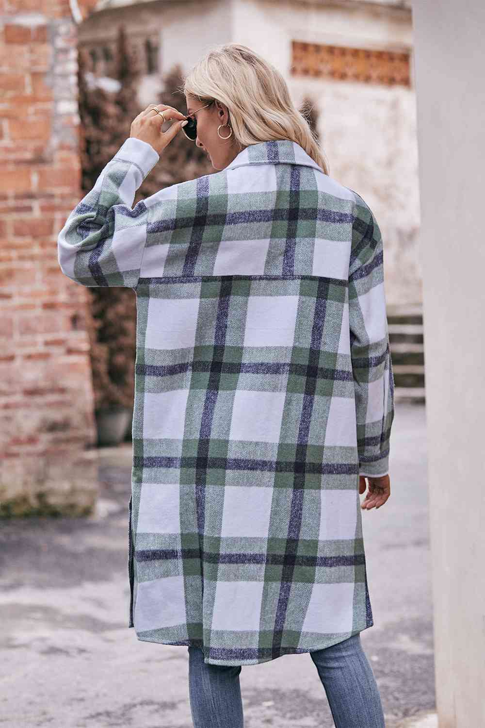 Gray Plaid Dropped Shoulder Longline Jacket