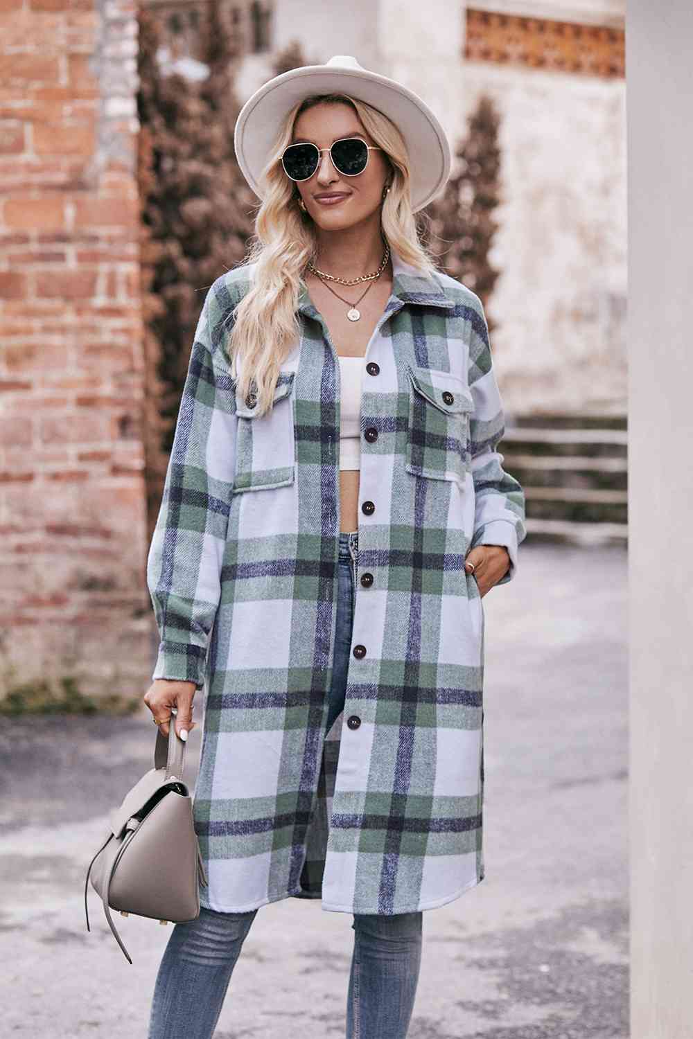 Gray Plaid Dropped Shoulder Longline Jacket