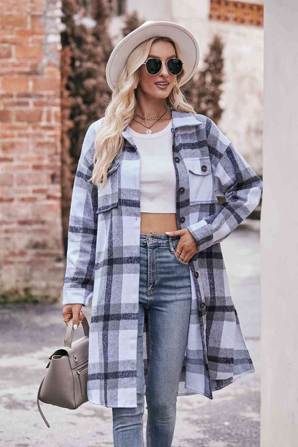 Gray Plaid Dropped Shoulder Longline Jacket