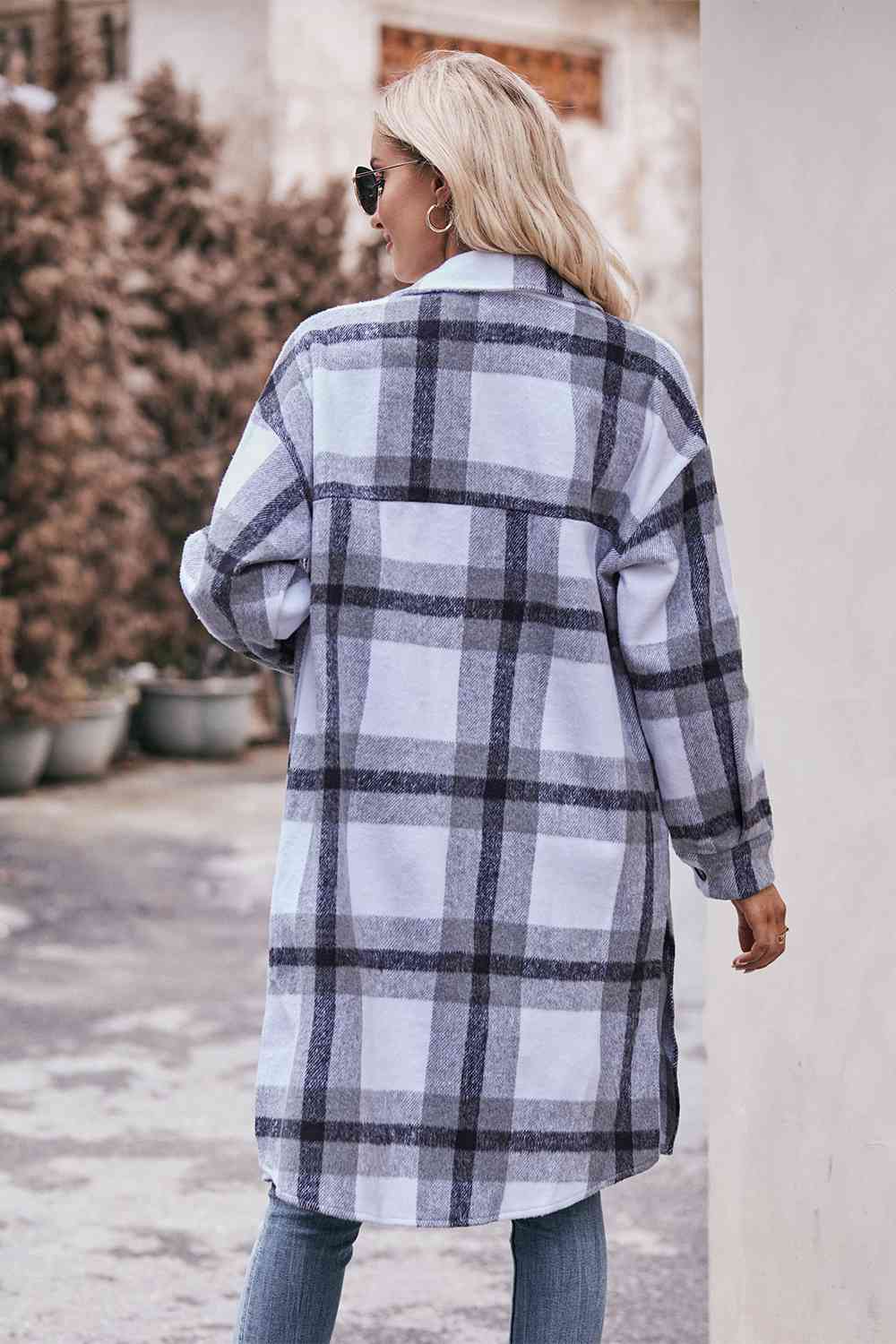 Gray Plaid Dropped Shoulder Longline Jacket