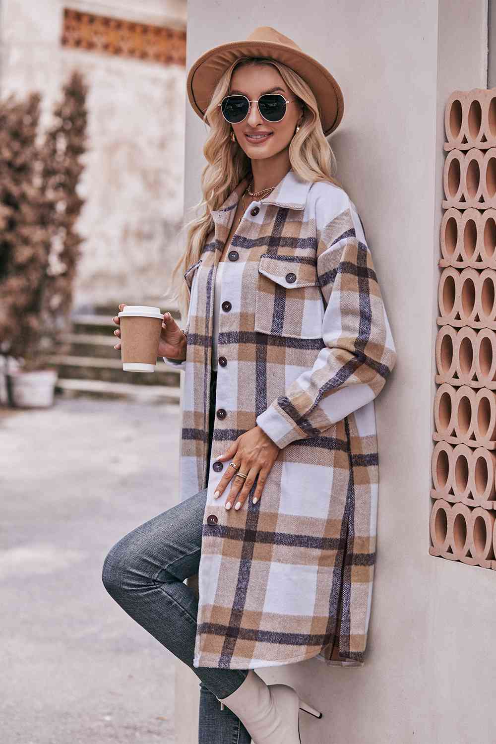 Gray Plaid Dropped Shoulder Longline Jacket