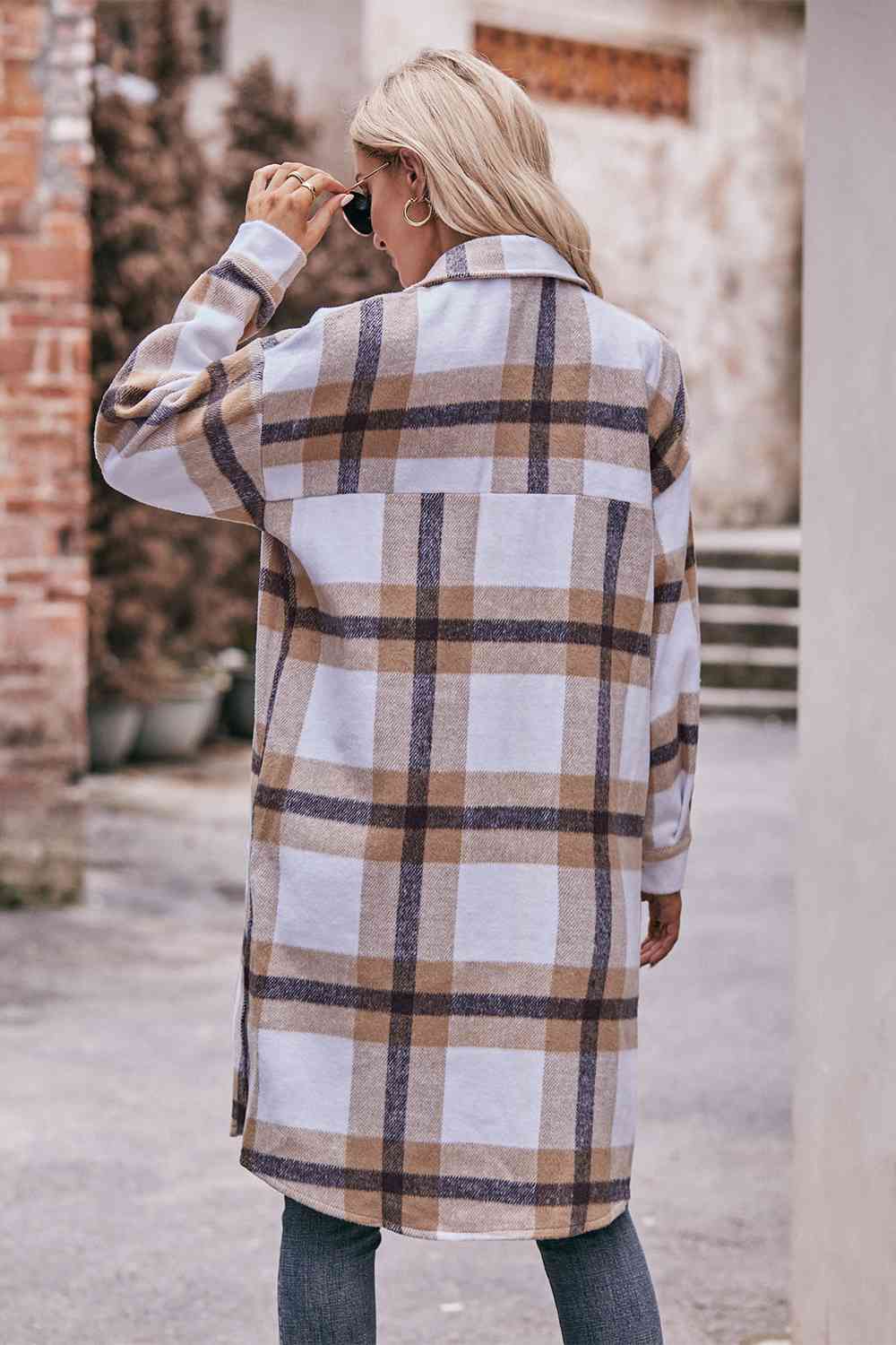 Dark Gray Plaid Dropped Shoulder Longline Jacket