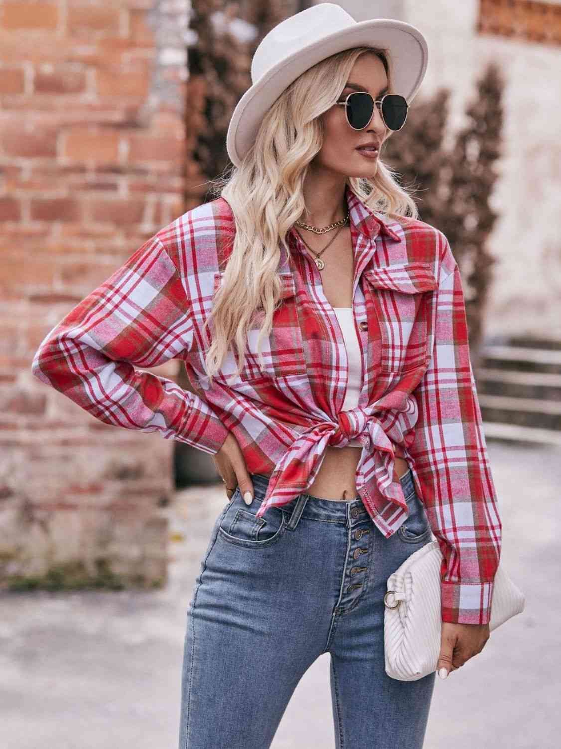 Rosy Brown Plaid Dropped Shoulder Longline Shirt