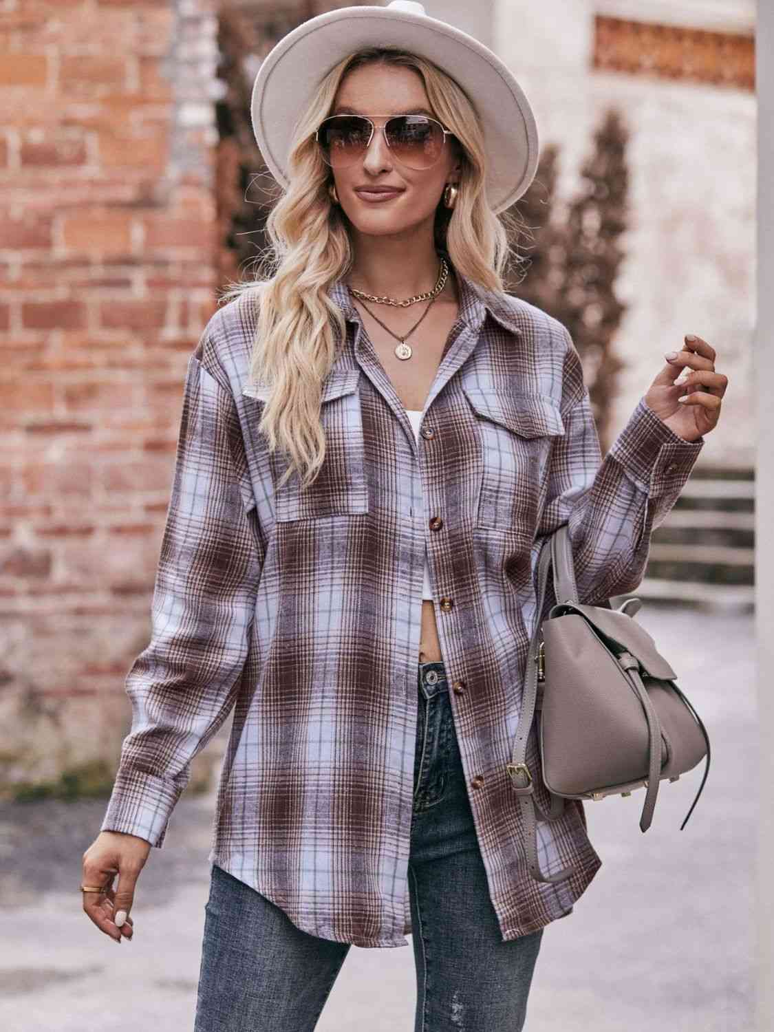 Rosy Brown Plaid Dropped Shoulder Longline Shirt