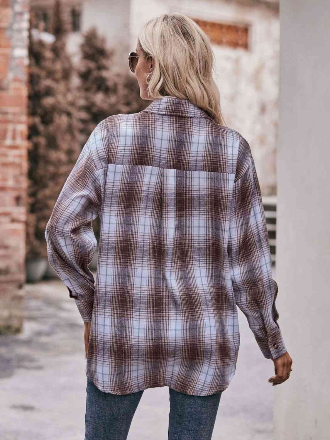 Dark Gray Plaid Dropped Shoulder Longline Shirt