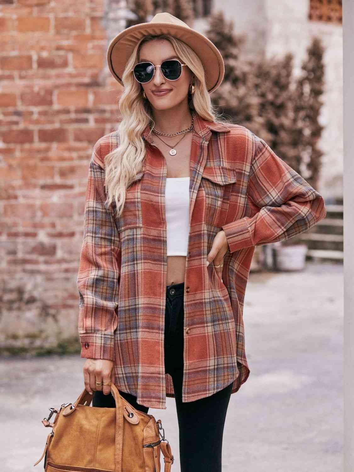 Rosy Brown Plaid Dropped Shoulder Longline Shirt