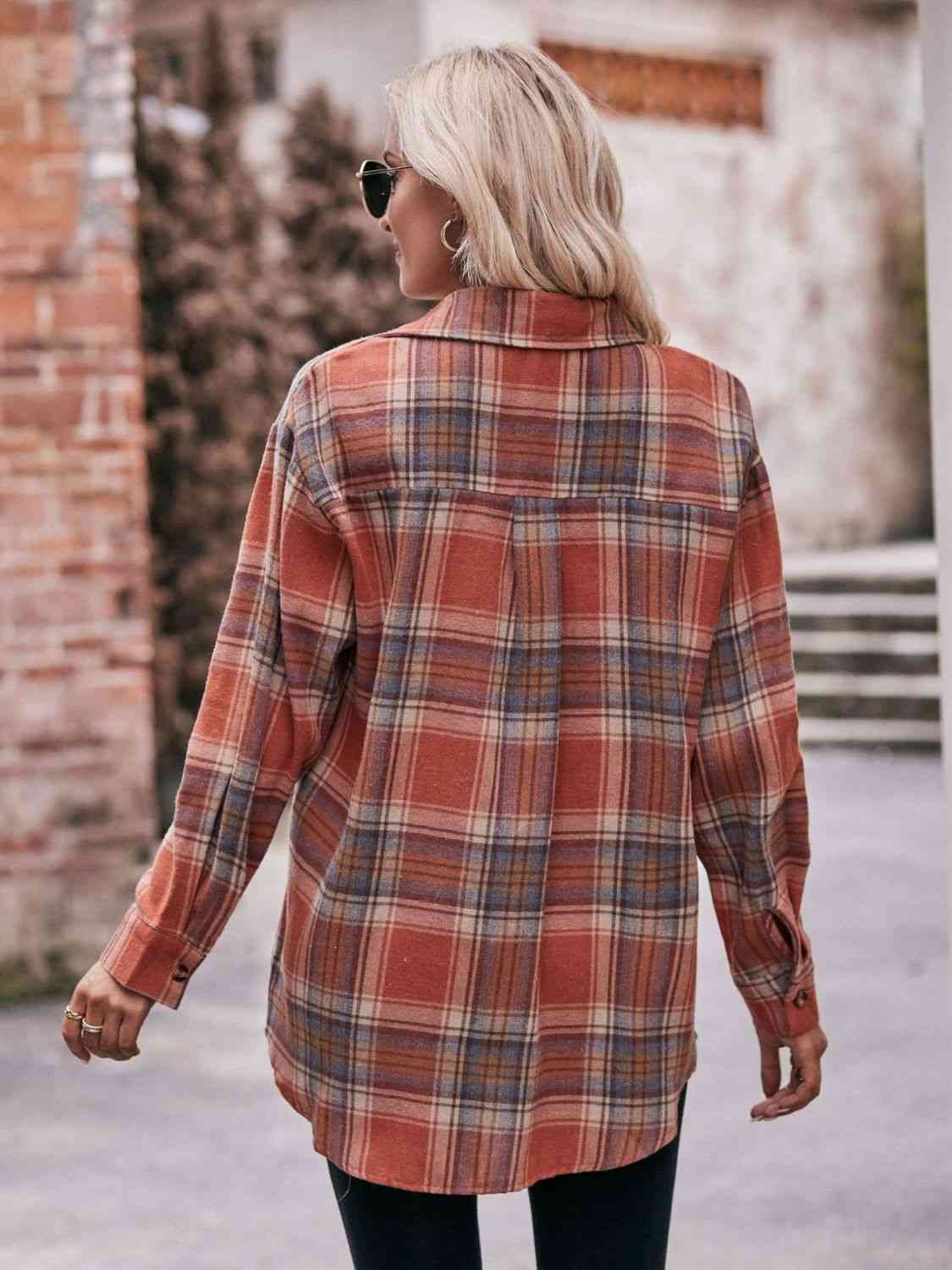 Rosy Brown Plaid Dropped Shoulder Longline Shirt