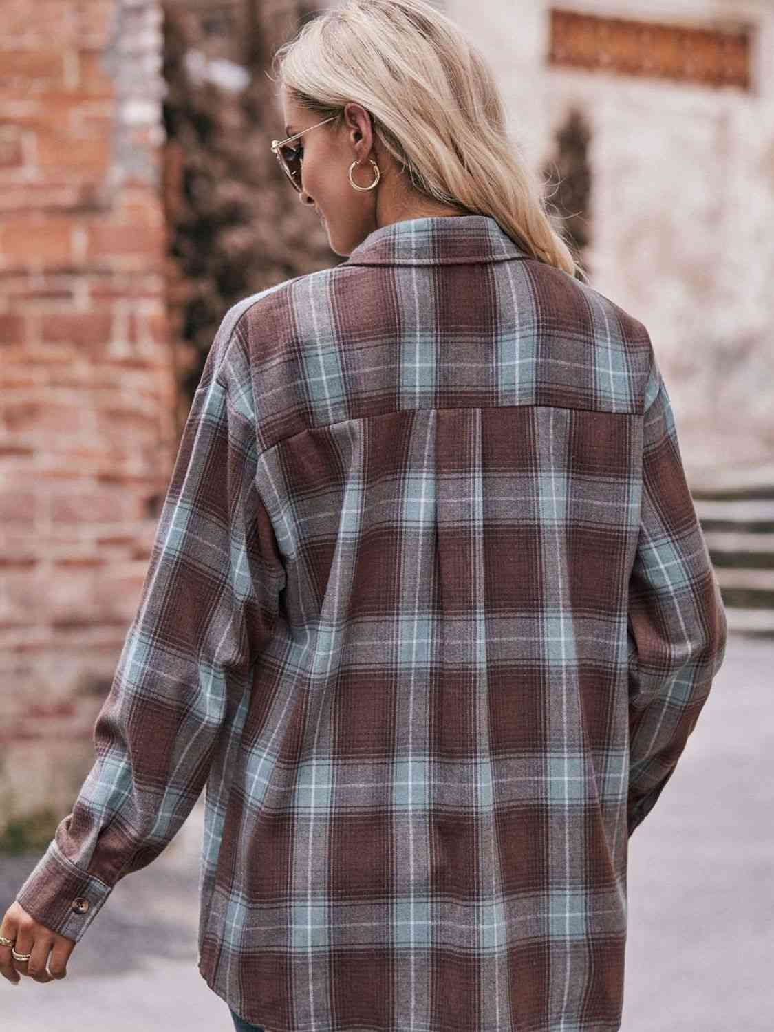 Dim Gray Plaid Dropped Shoulder Longline Shirt