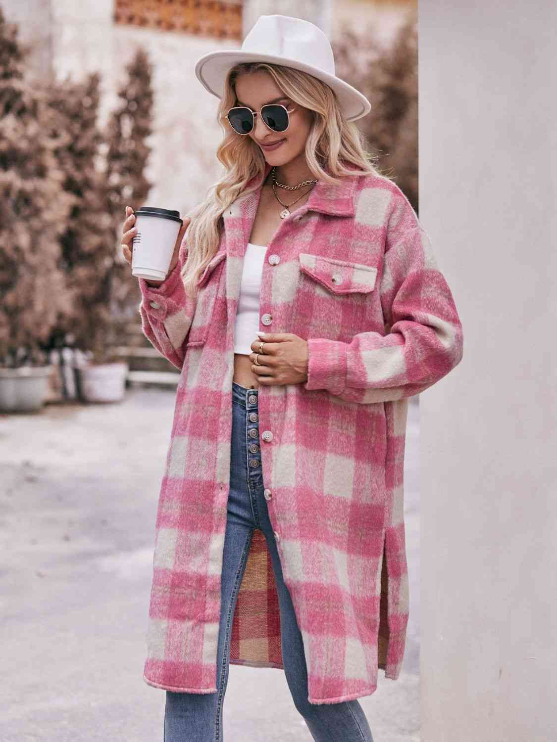 Gray Plaid Dropped Shoulder Slit Coat