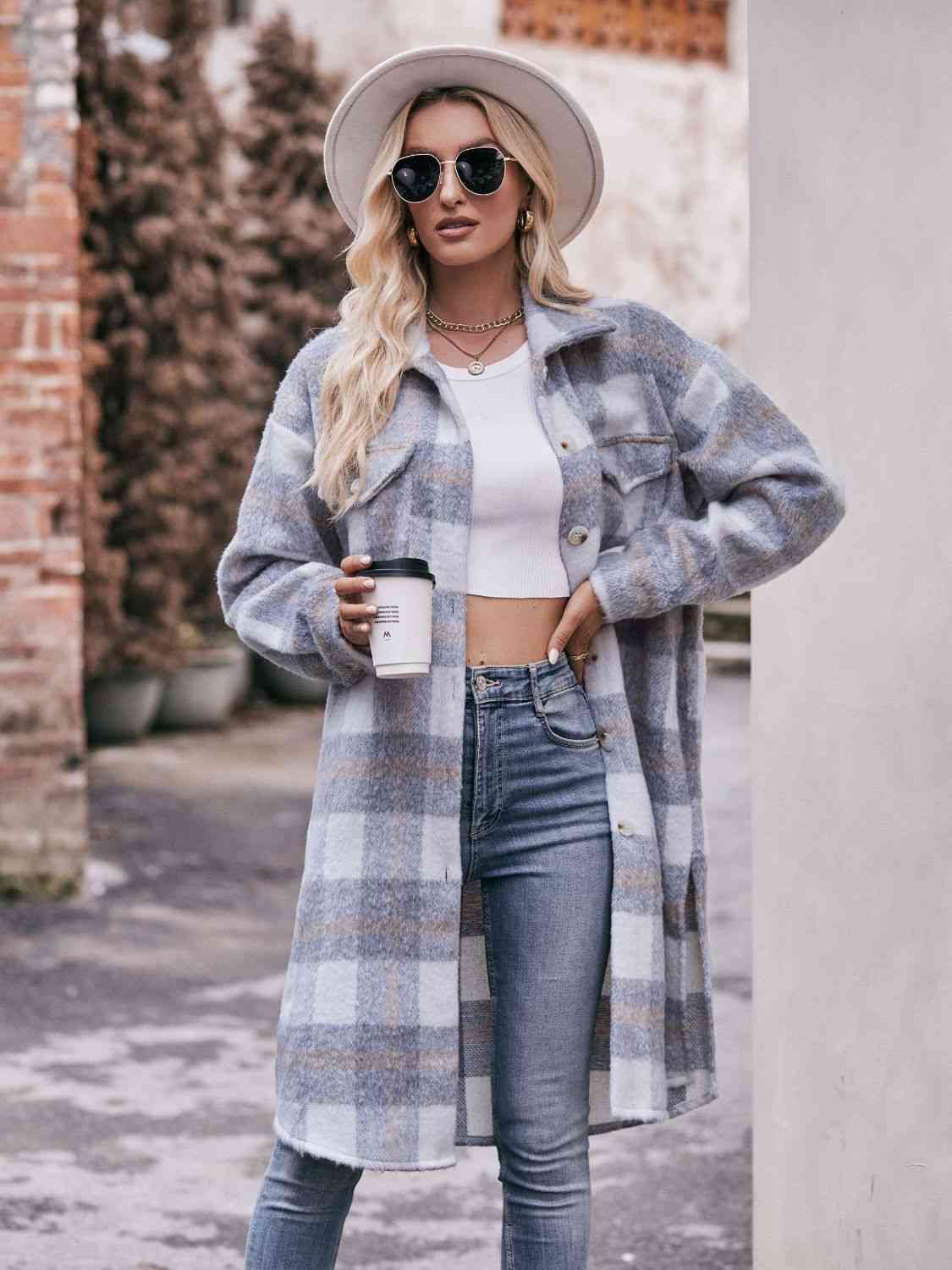 Dark Gray Plaid Dropped Shoulder Slit Coat