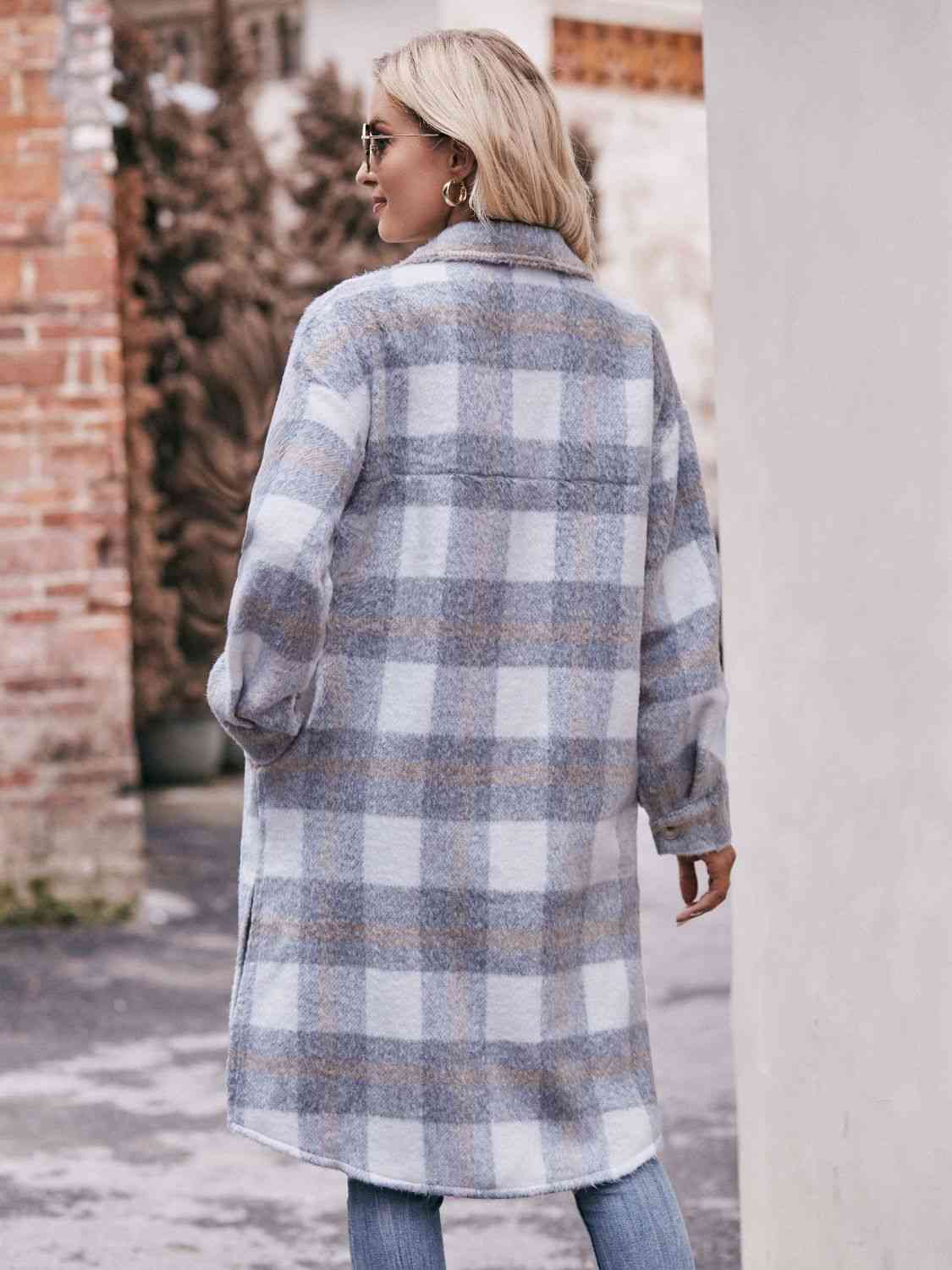 Gray Plaid Dropped Shoulder Slit Coat