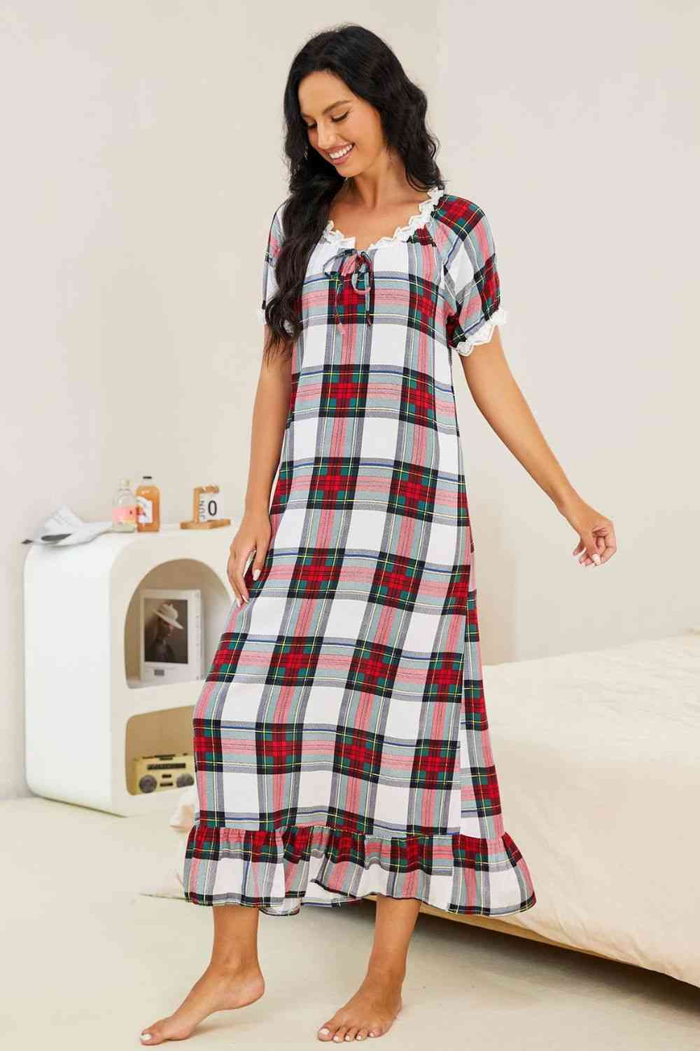 Light Gray Plaid Lace Trim Ruffle Hem Night Dress