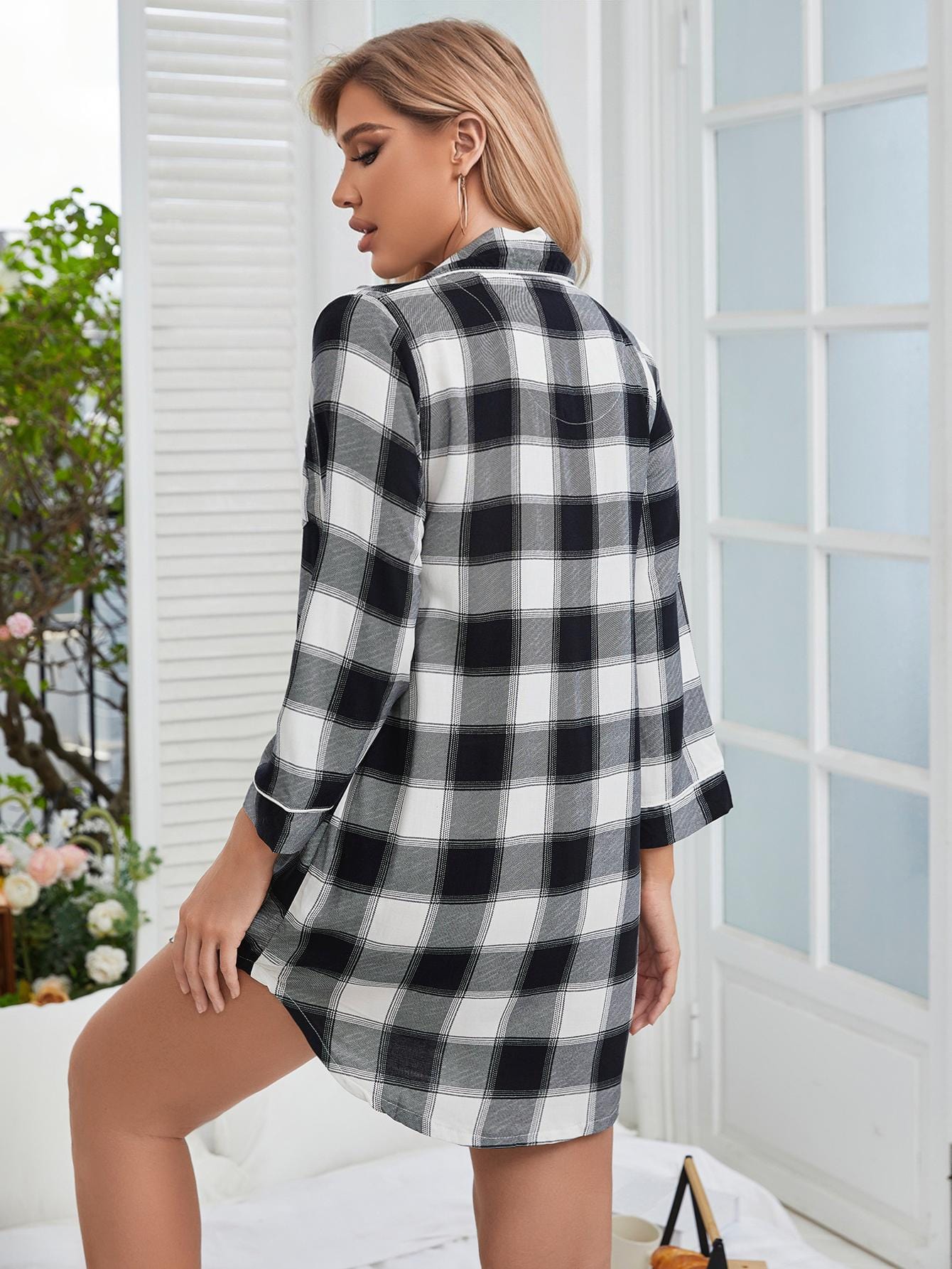 Light Gray Plaid Lapel Collar Shirt Dress