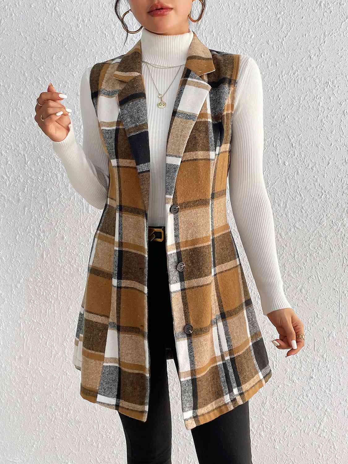 Light Gray Plaid Lapel Collar Vest