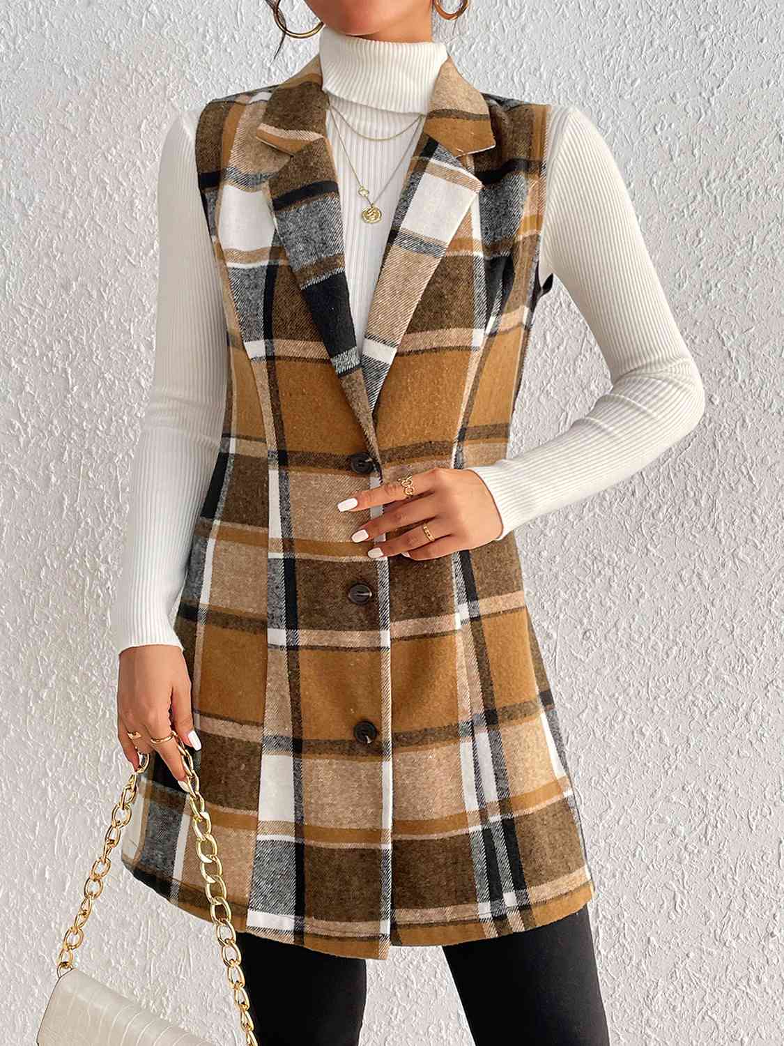 Gray Plaid Lapel Collar Vest