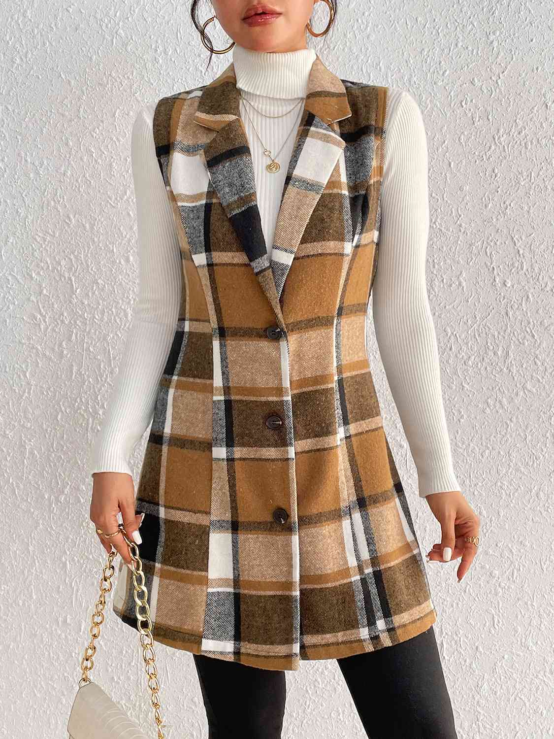 Gray Plaid Lapel Collar Vest