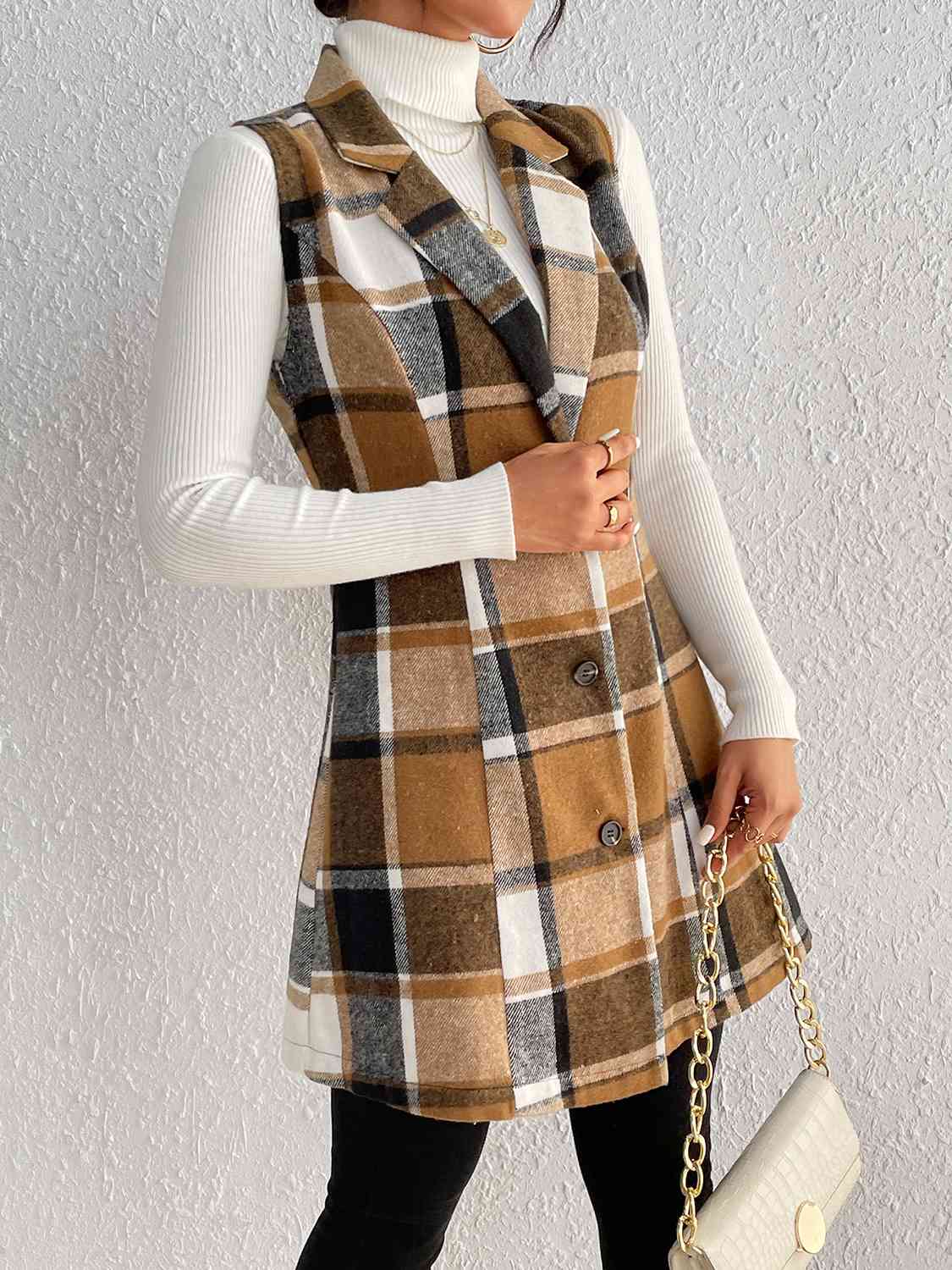 Gray Plaid Lapel Collar Vest