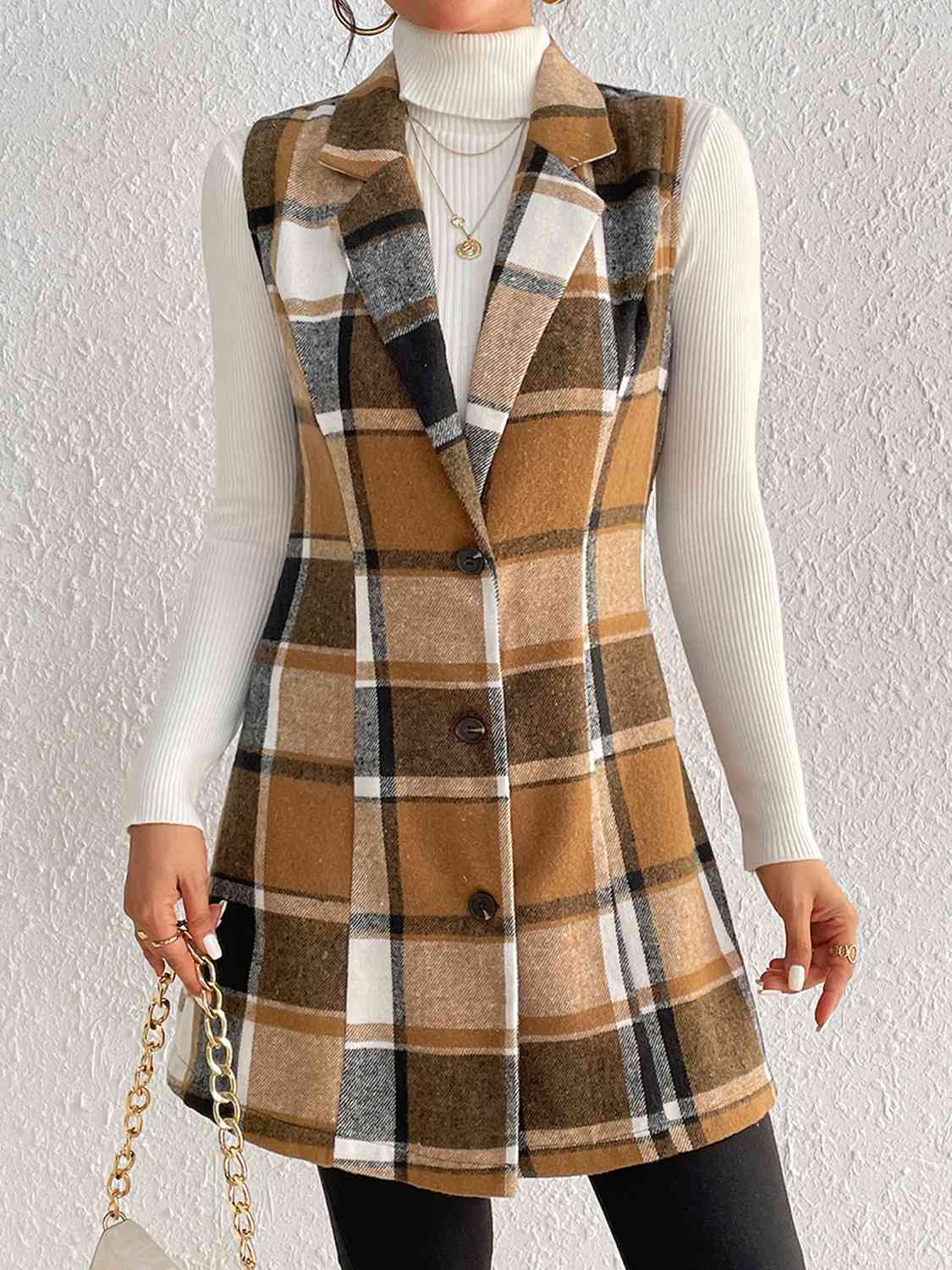 Light Gray Plaid Lapel Collar Vest