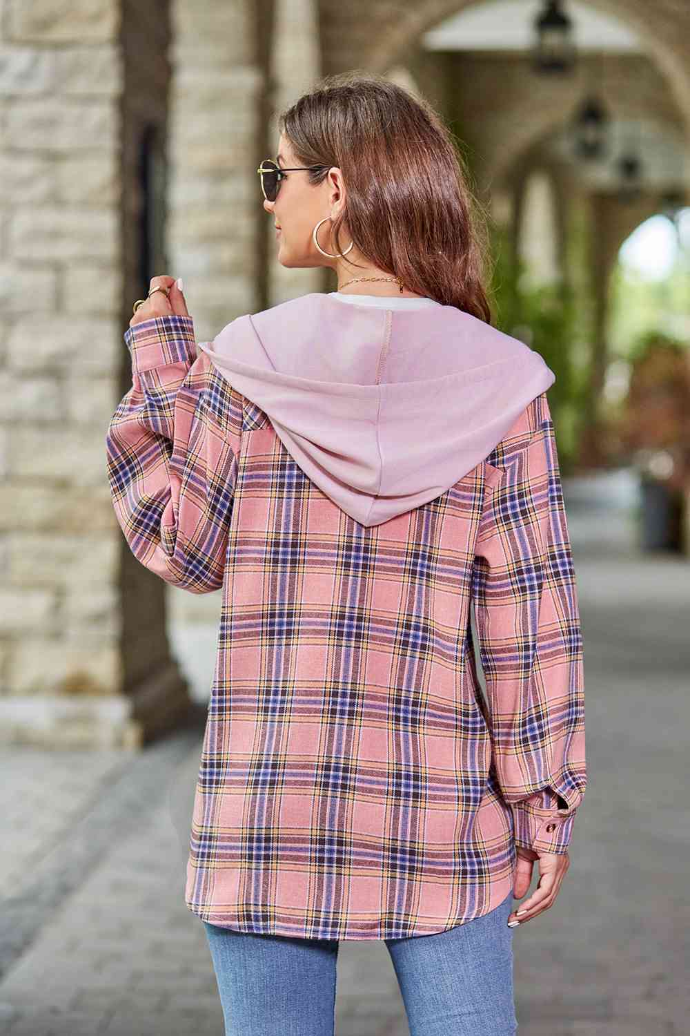 Dark Gray Plaid Long Sleeve Hooded Jacket