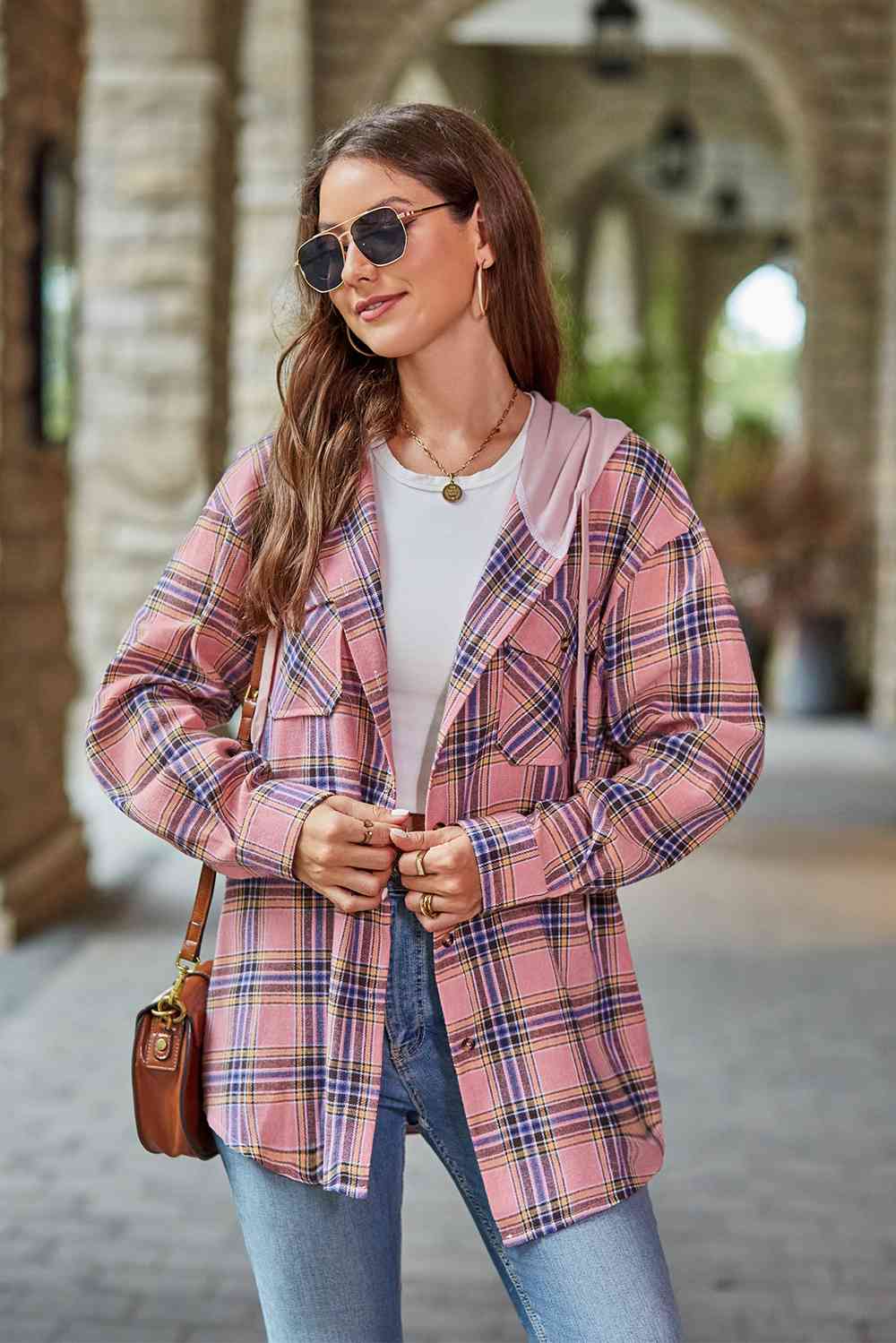 Light Slate Gray Plaid Long Sleeve Hooded Jacket