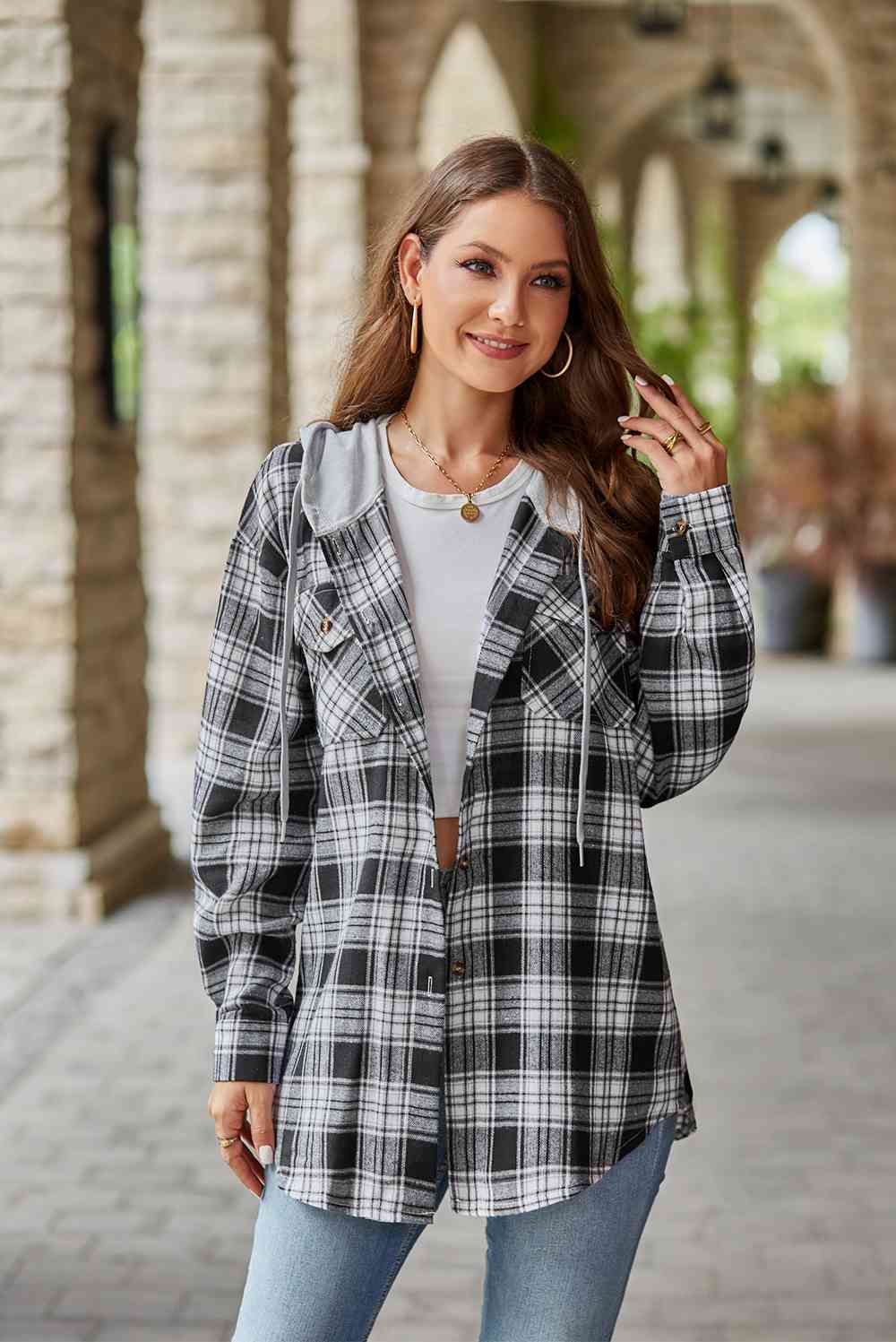 Dark Gray Plaid Long Sleeve Hooded Jacket