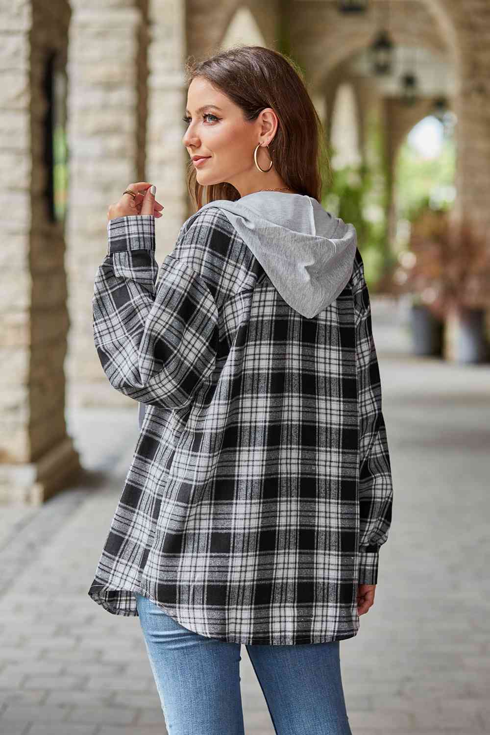 Dark Gray Plaid Long Sleeve Hooded Jacket