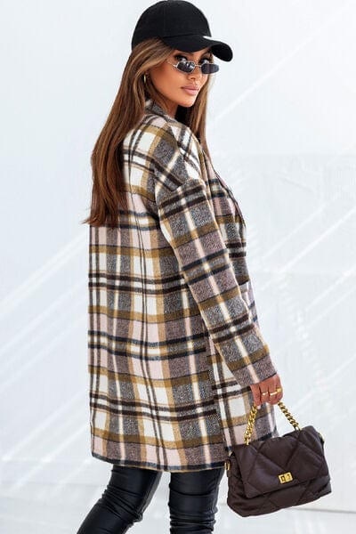 Dark Slate Gray Plaid Longline Jacket with Pockets