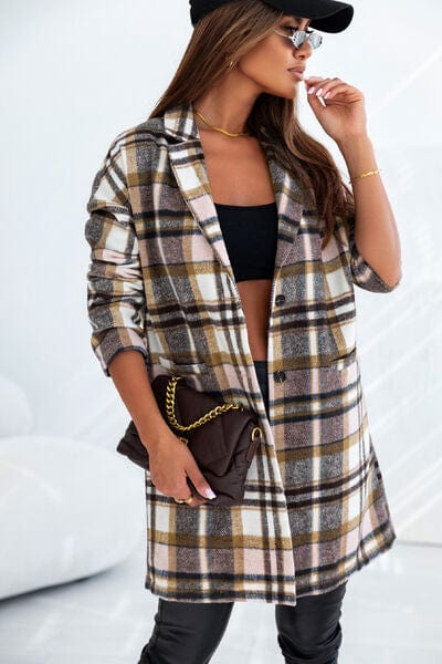 Dark Slate Gray Plaid Longline Jacket with Pockets