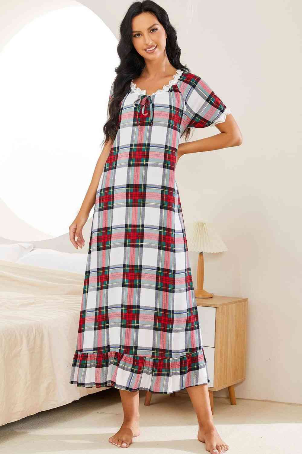 Light Gray Plaid Lace Trim Ruffle Hem Night Dress