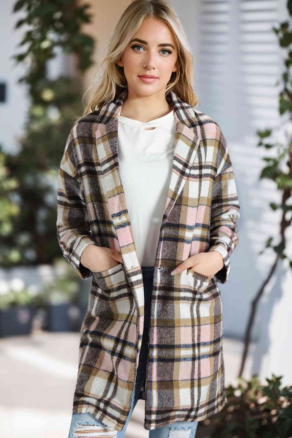 Gray Plaid Longline Jacket with Pockets