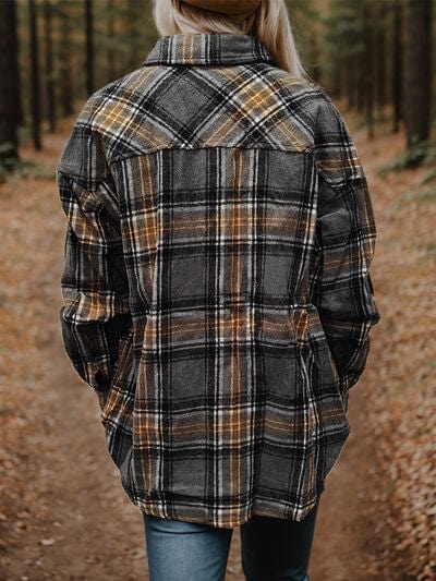 Dark Slate Gray Plaid Snap Down Long Sleeve Shacket