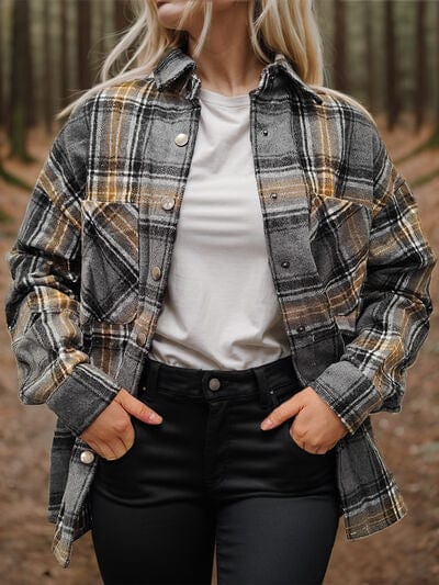 Dark Slate Gray Plaid Snap Down Long Sleeve Shacket